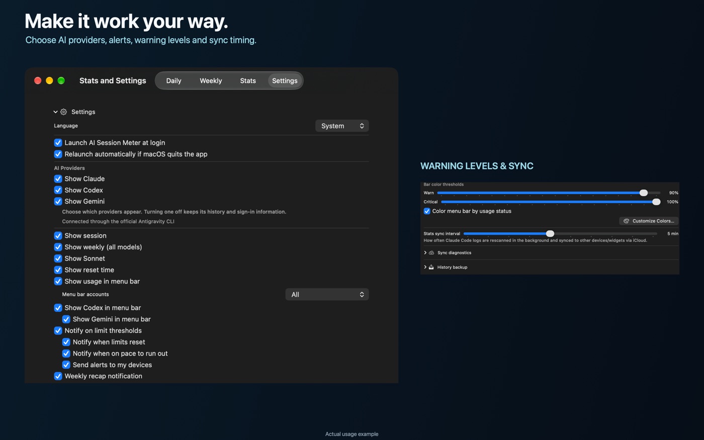AI Session Meter Settings window with provider, menu bar, warning, notification and sync controls