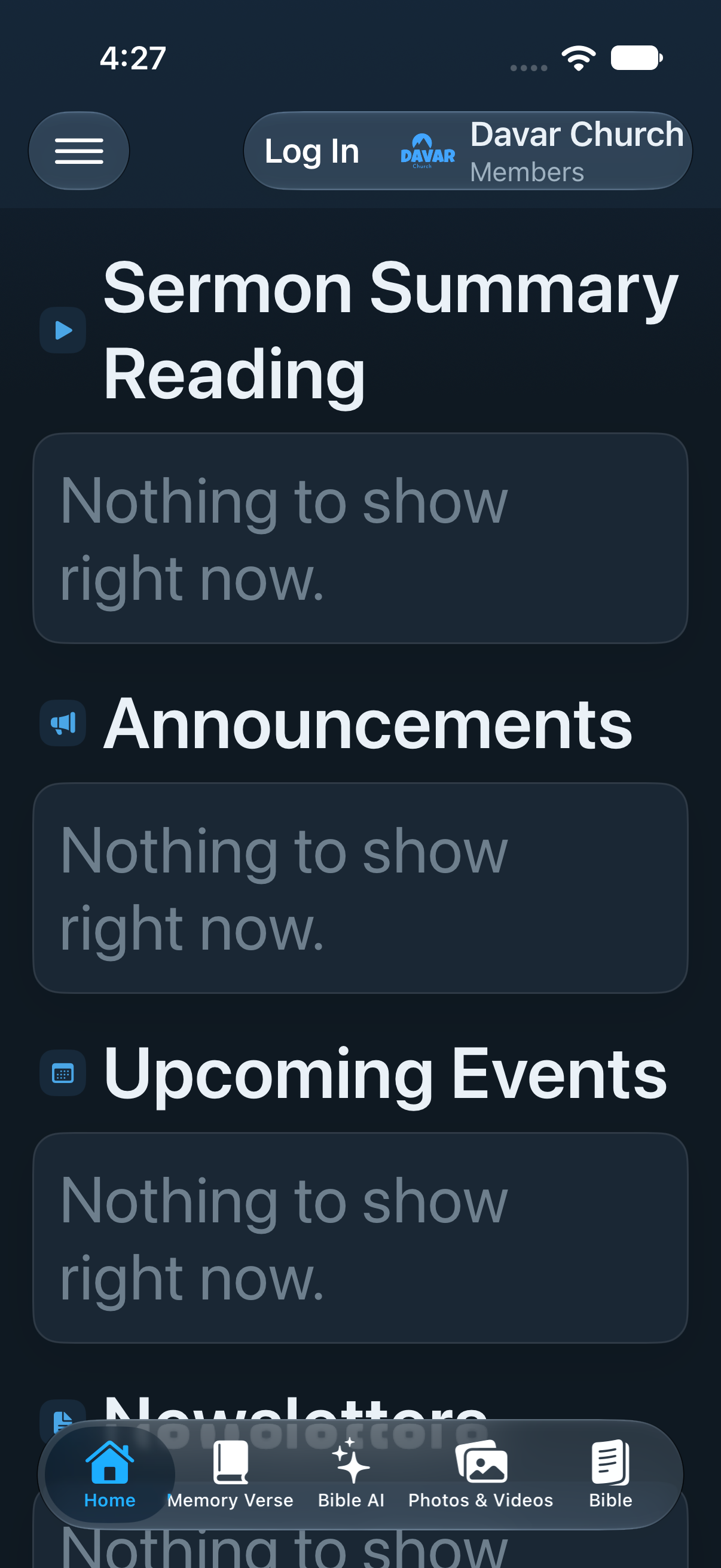 Home toolbar with Log In immediately left of the Davar icon